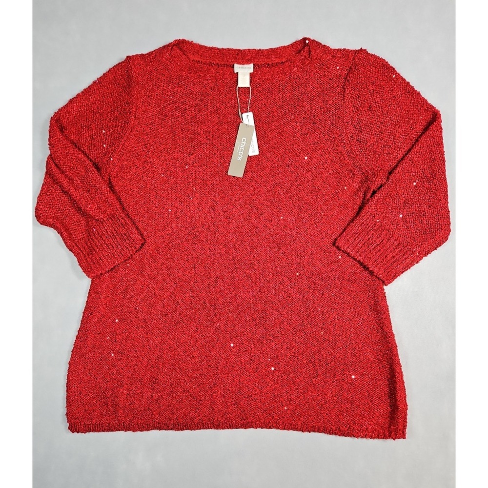 Chicos Womens Red Sparkle Sequin Knit 3/4 Sleeve Sweater Size 3 (XL) NWT